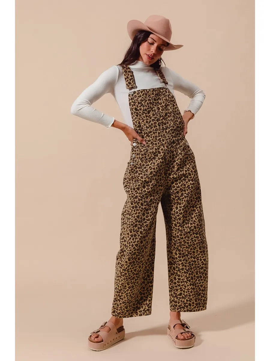 Leopard Twill Slouchy Barrel Overalls Jumpsuit
