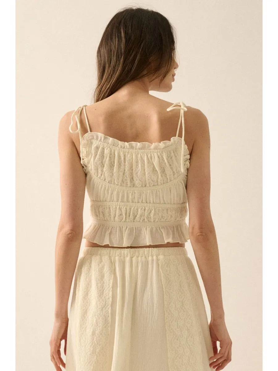 Cotton Gauze and Floral Lace Ruffled Cami Top