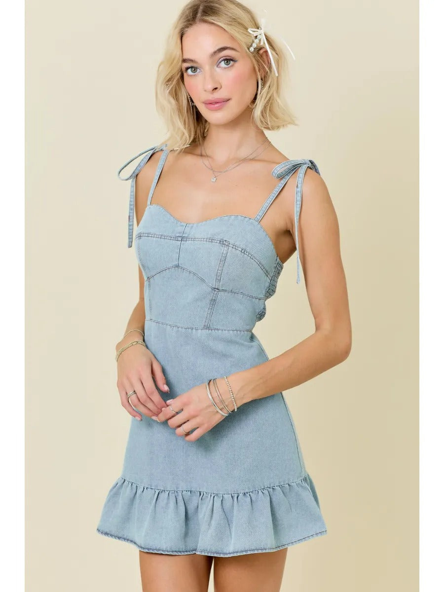 Denim Mini Dress w/Ruffle Hem and Shoulder Ties