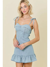 Denim Mini Dress w/Ruffle Hem and Shoulder Ties