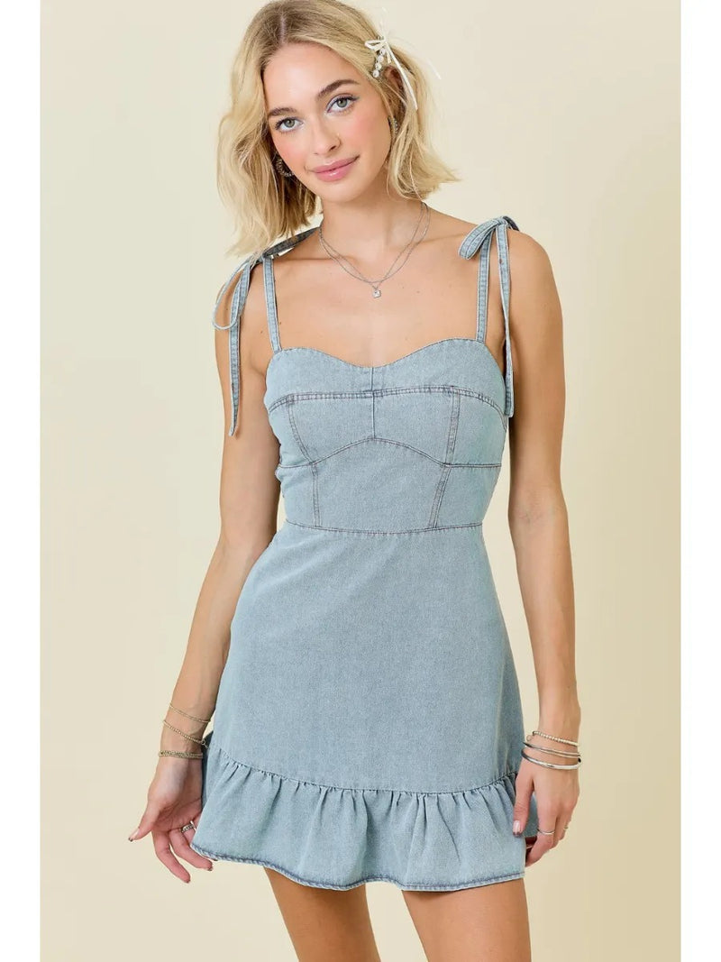 Denim Mini Dress w/Ruffle Hem and Shoulder Ties