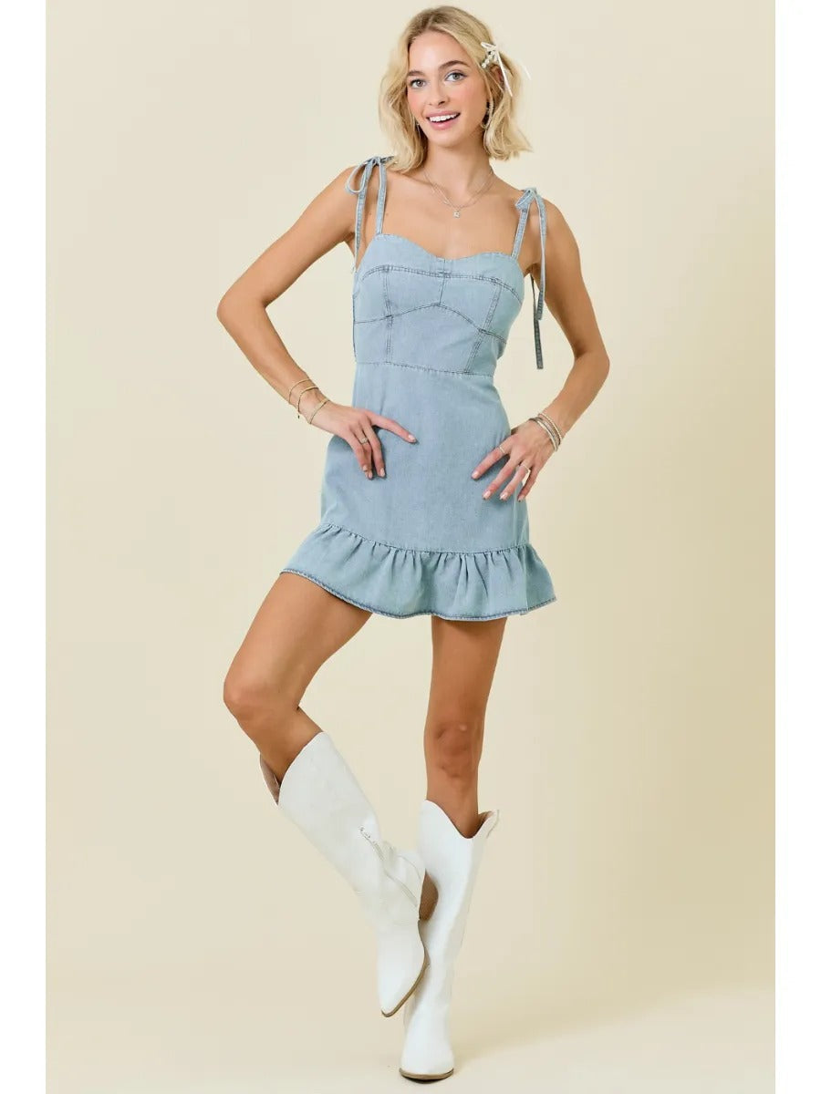 Denim Mini Dress w/Ruffle Hem and Shoulder Ties