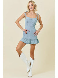 Denim Mini Dress w/Ruffle Hem and Shoulder Ties
