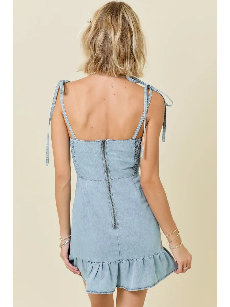 Denim Mini Dress w/Ruffle Hem and Shoulder Ties