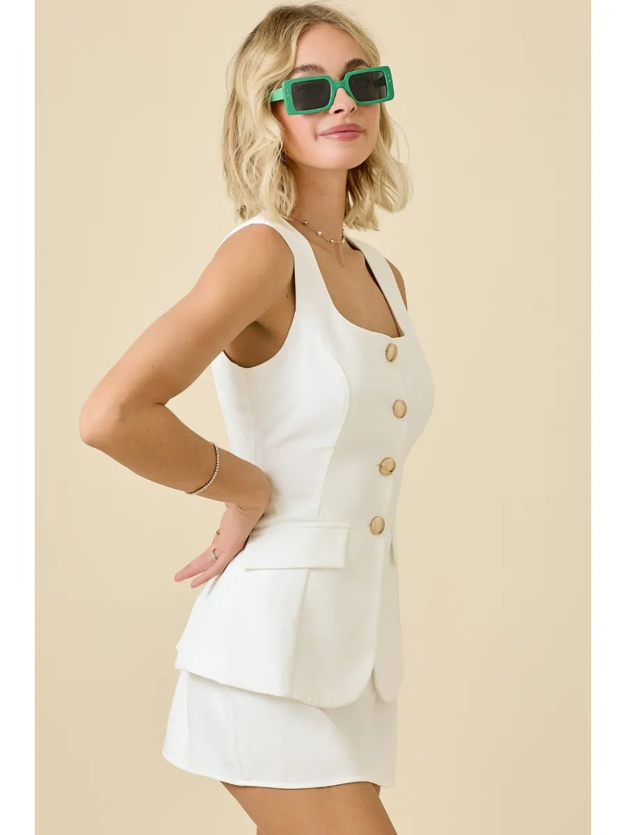 Square Neck Sleeveless Crepe Romper Dress