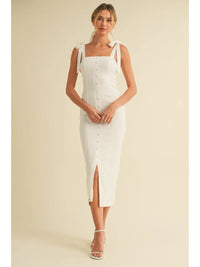 Stretch Linen Button Detailed Front Slit Midi