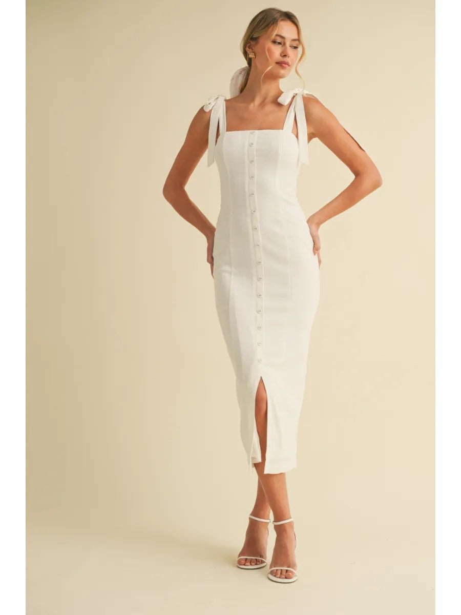 Stretch Linen Button Detailed Front Slit Midi