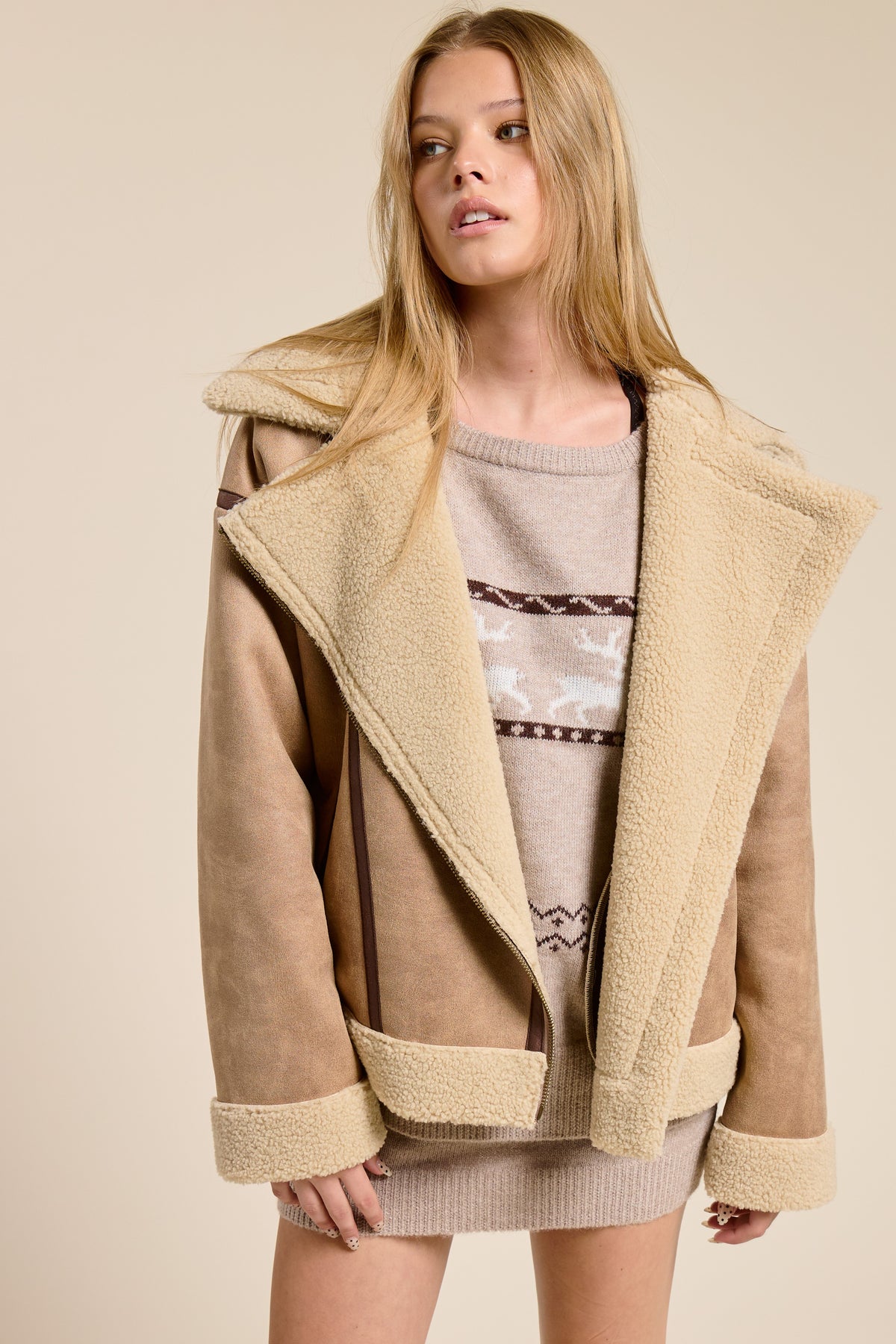 Gemma Contrast Detail Faux Fur Moto Jacket