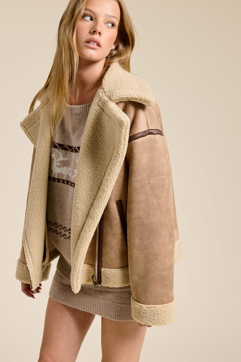 Gemma Contrast Detail Faux Fur Moto Jacket