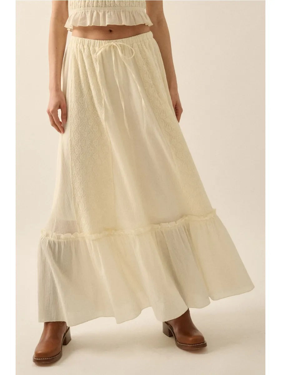 Cotton Gauze and Floral Lace Ruffle Maxi Skirt