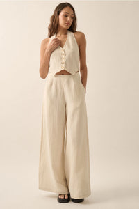 Solid Textured Wide-Leg Halter Vest Jumpsuit