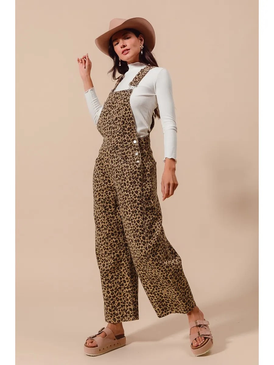 Leopard Twill Slouchy Barrel Overalls Jumpsuit