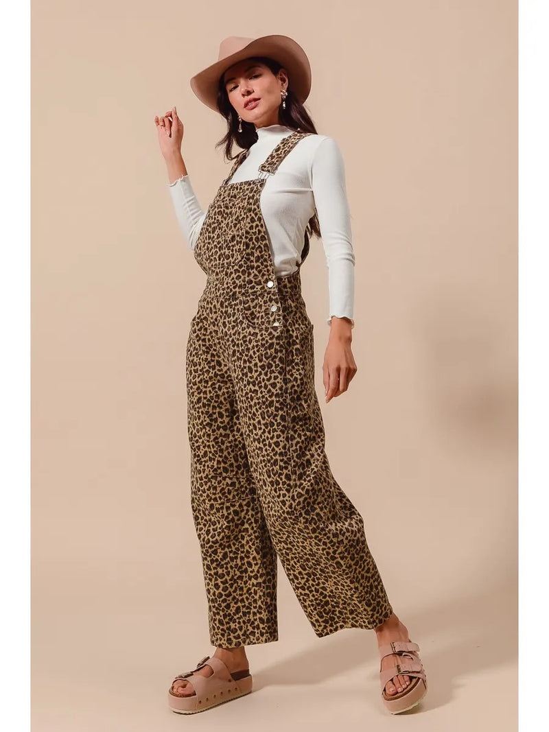 Leopard Twill Slouchy Barrel Overalls Jumpsuit