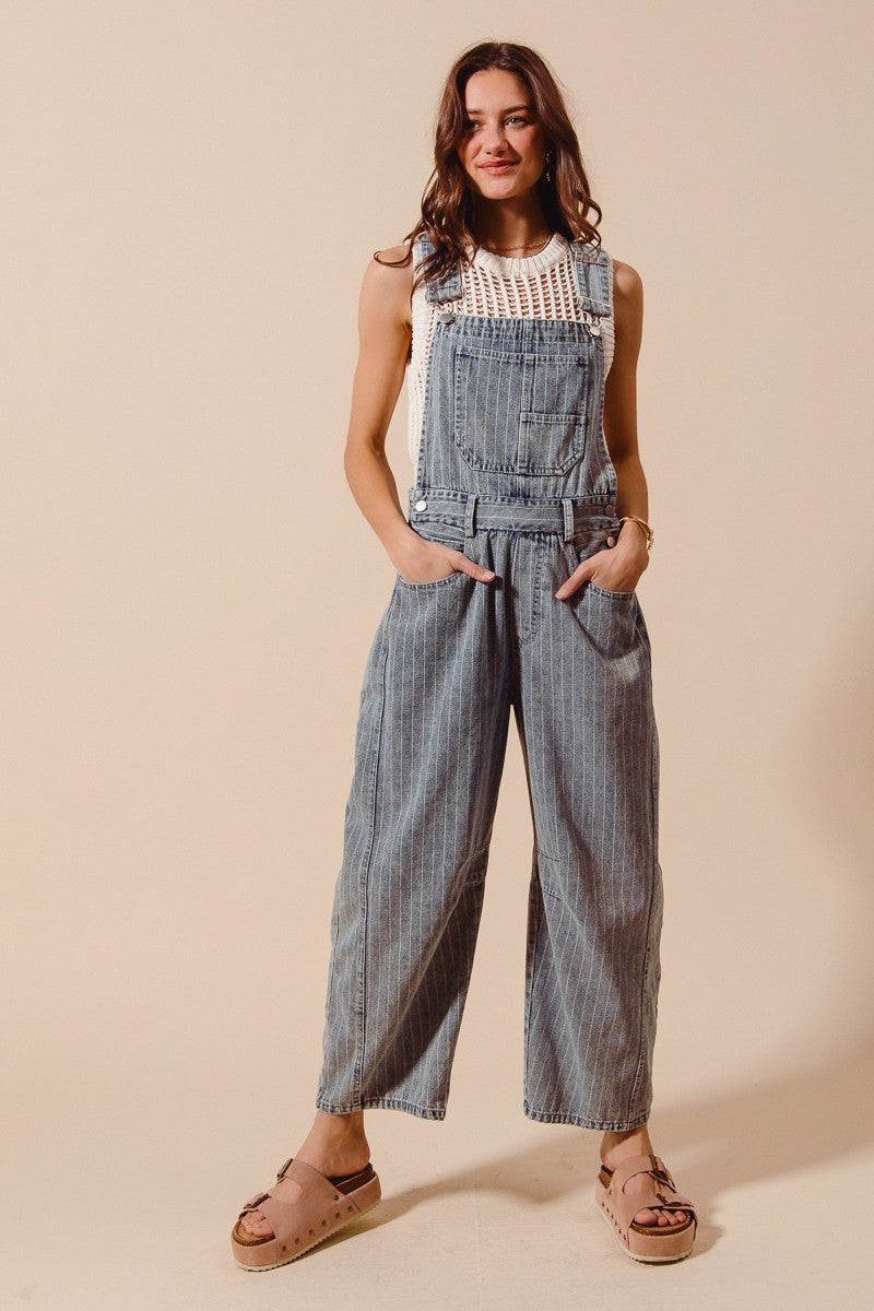 Washed Stripe Denim Slouchy Barrel Jumpsuit
