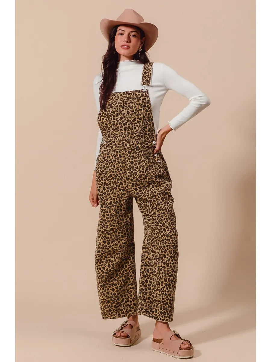 Leopard Twill Slouchy Barrel Overalls Jumpsuit