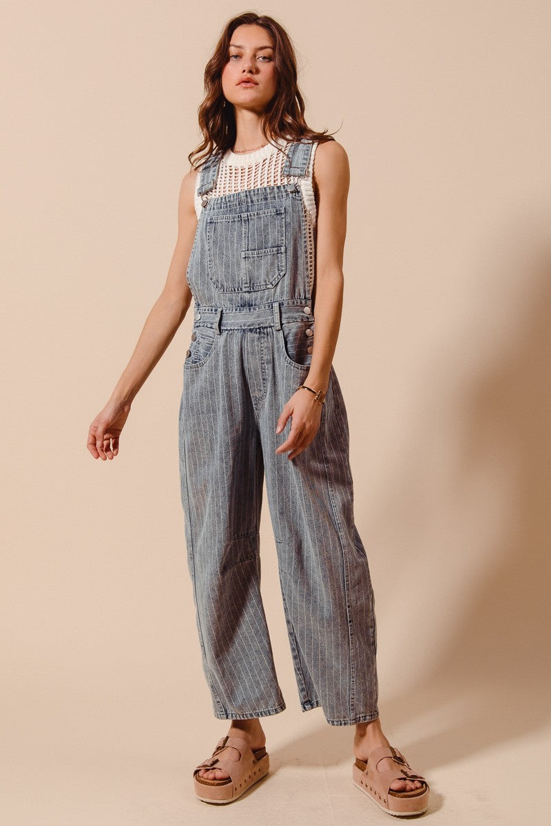Washed Stripe Denim Slouchy Barrel Jumpsuit