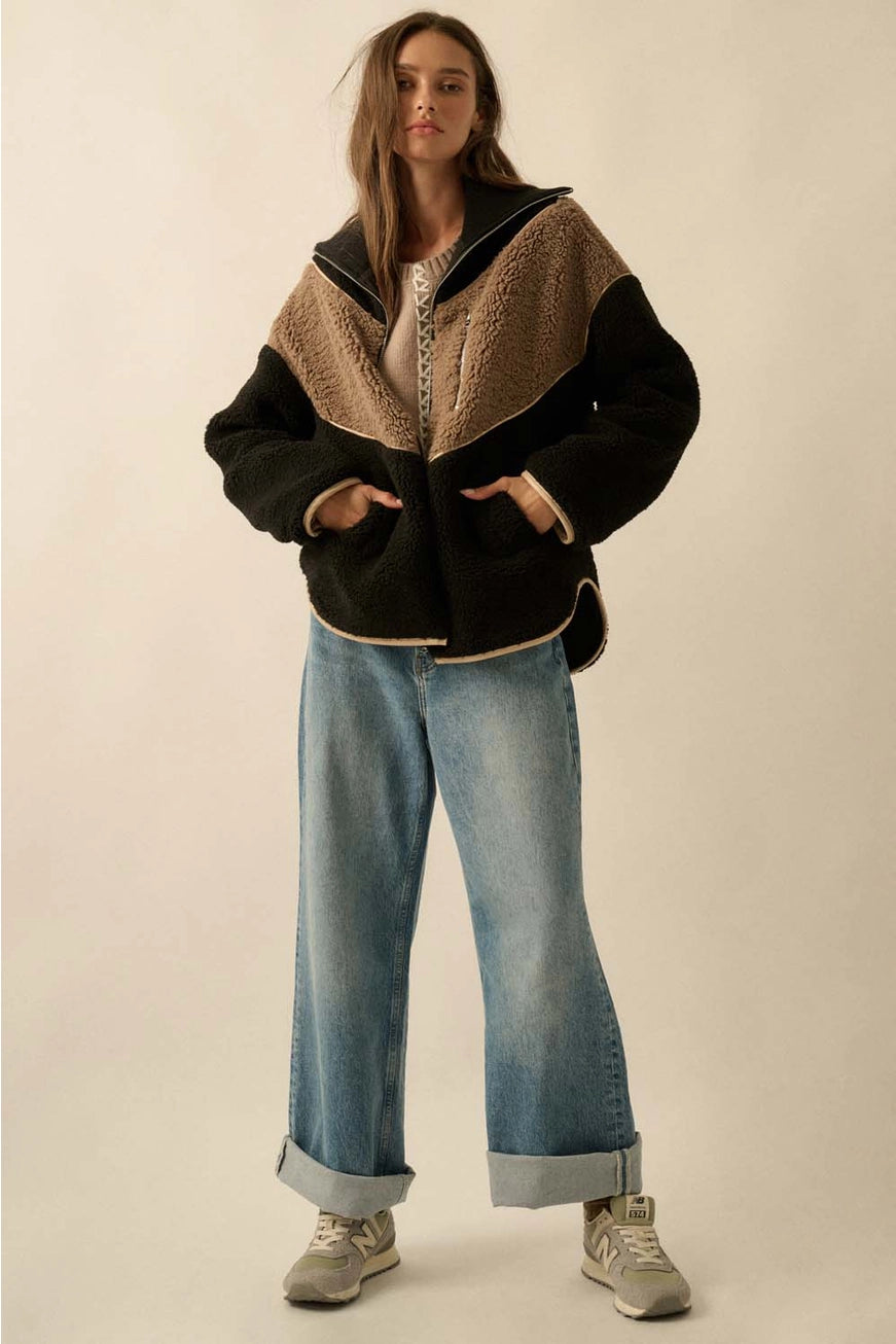 Molly Colorblock Sherpa Fleeze Zip-Up Pocket Jacket
