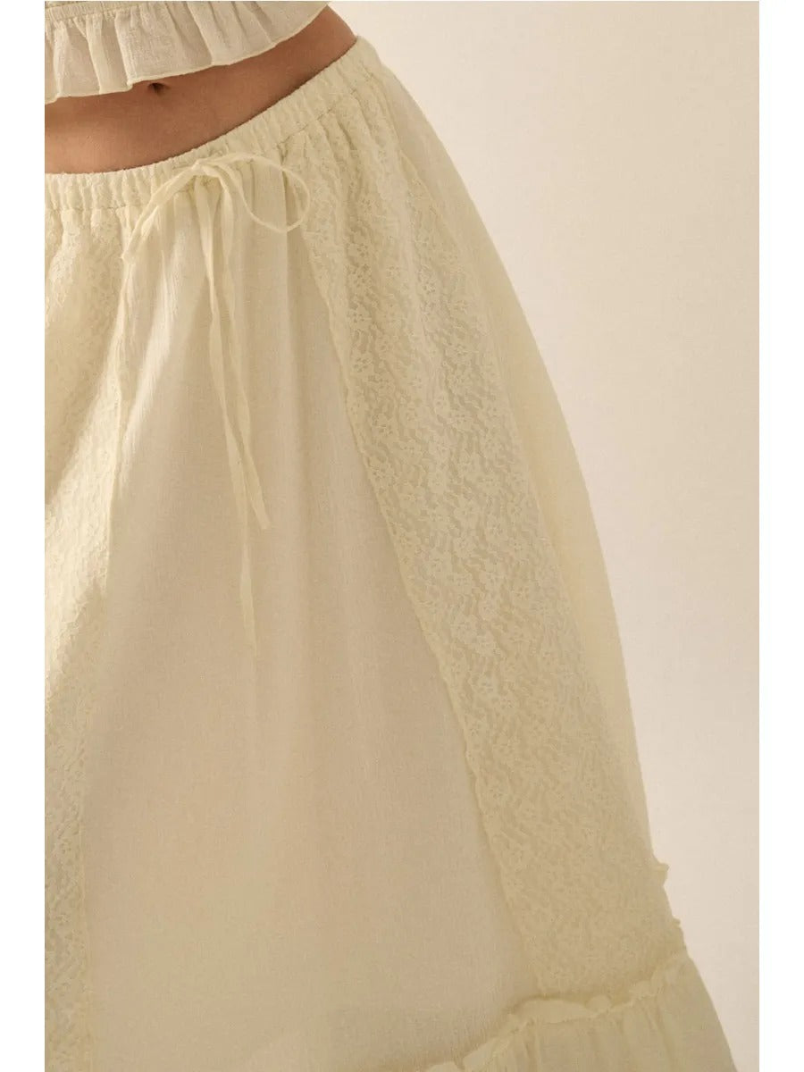 Cotton Gauze and Floral Lace Ruffle Maxi Skirt