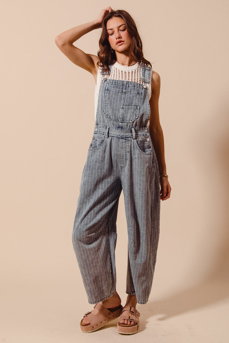 Washed Stripe Denim Slouchy Barrel Jumpsuit
