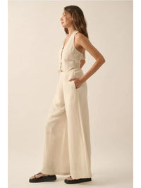Solid Textured Wide-Leg Halter Vest Jumpsuit