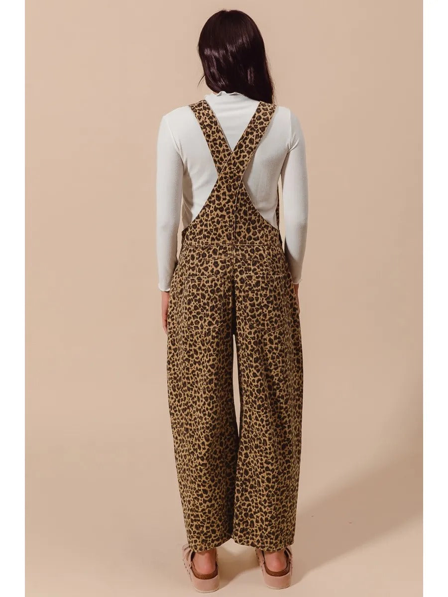 Leopard Twill Slouchy Barrel Overalls Jumpsuit
