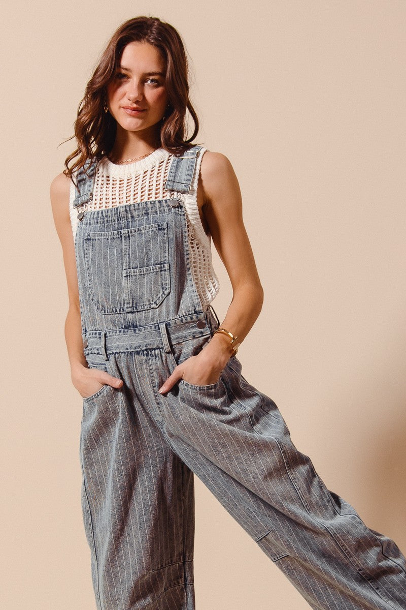 Washed Stripe Denim Slouchy Barrel Jumpsuit