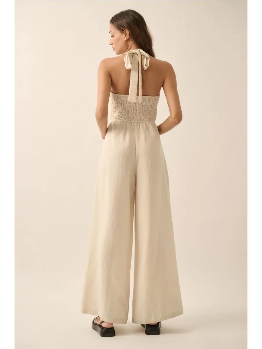 Solid Textured Wide-Leg Halter Vest Jumpsuit