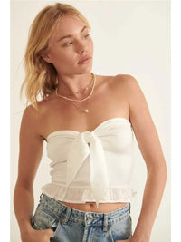 Solid Strapless Neck Keyhole Smock Satin Tube Top