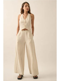 Solid Textured Wide-Leg Halter Vest Jumpsuit