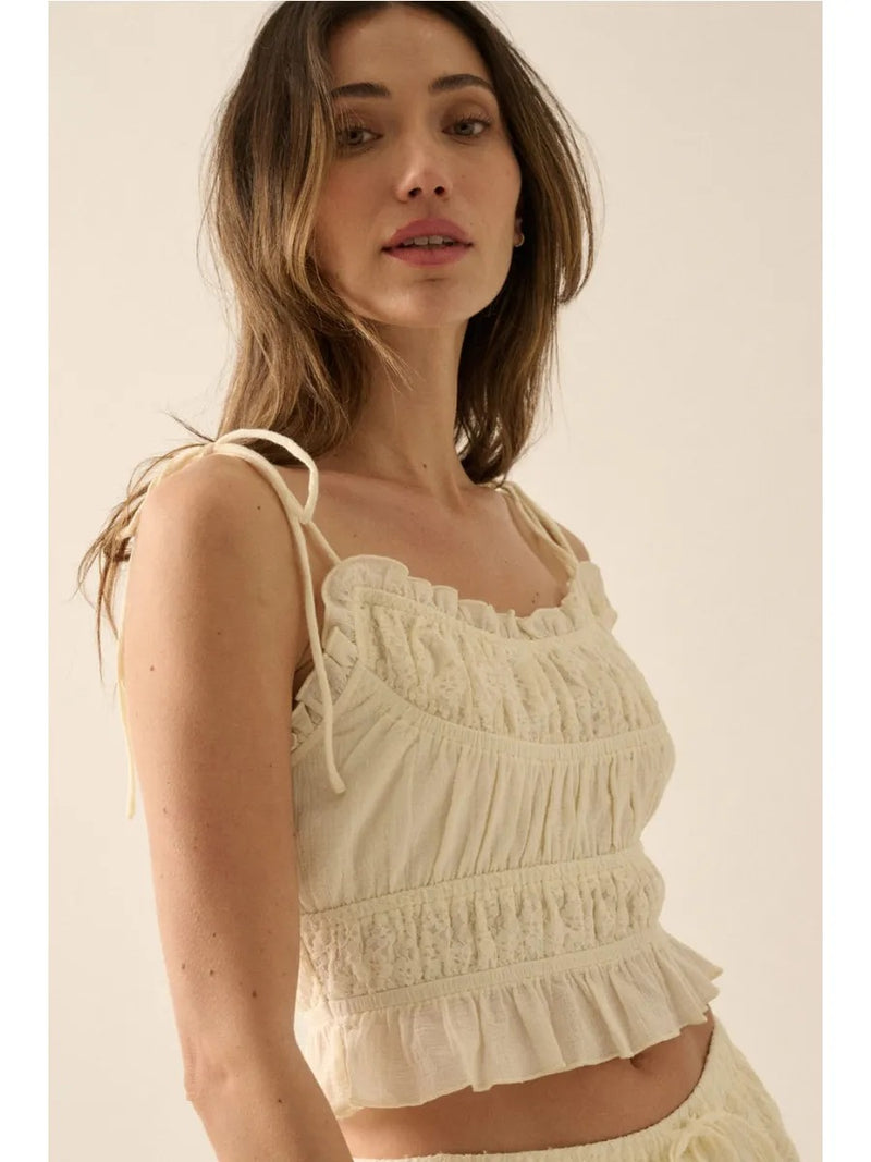 Cotton Gauze and Floral Lace Ruffled Cami Top