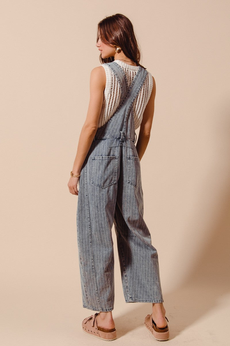 Washed Stripe Denim Slouchy Barrel Jumpsuit