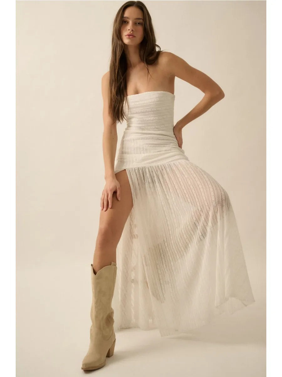 Striped Lace Strapless Drop-Waist Maxi Dress