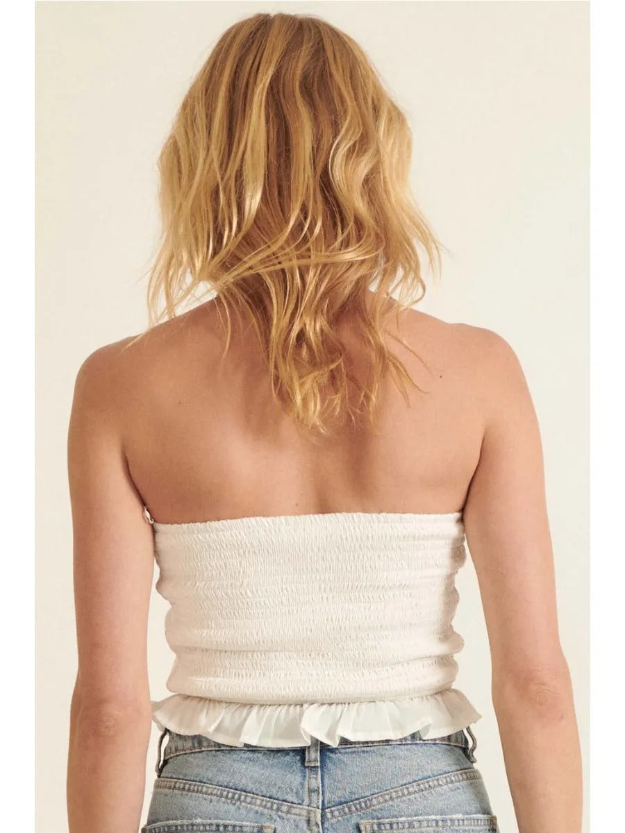 Solid Strapless Neck Keyhole Smock Satin Tube Top