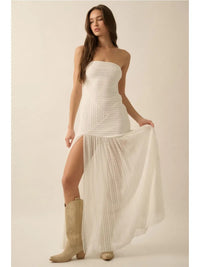Striped Lace Strapless Drop-Waist Maxi Dress