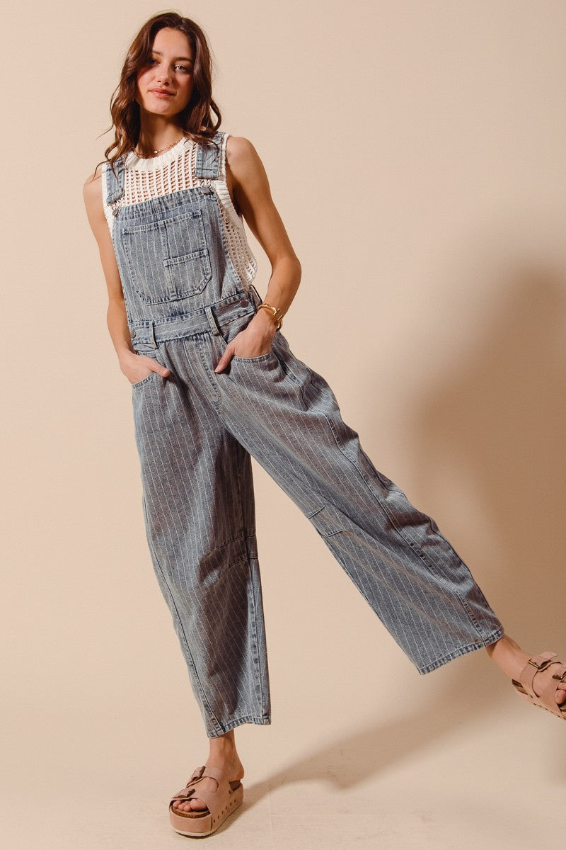 Washed Stripe Denim Slouchy Barrel Jumpsuit