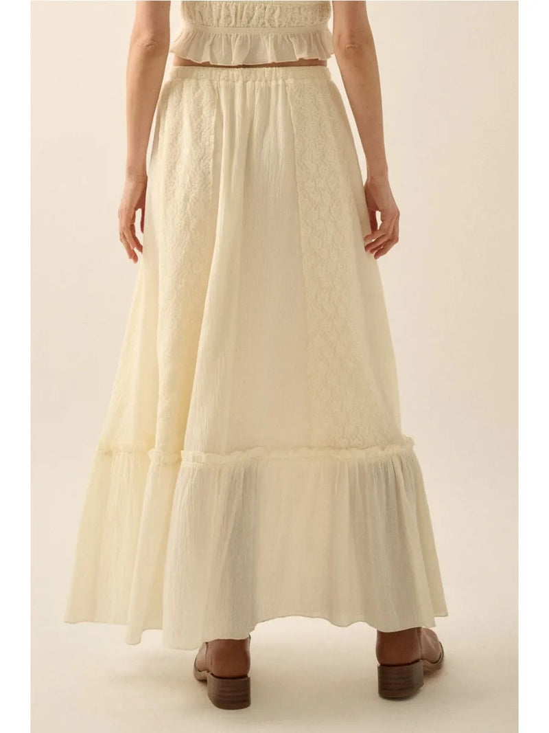 Cotton Gauze and Floral Lace Ruffle Maxi Skirt