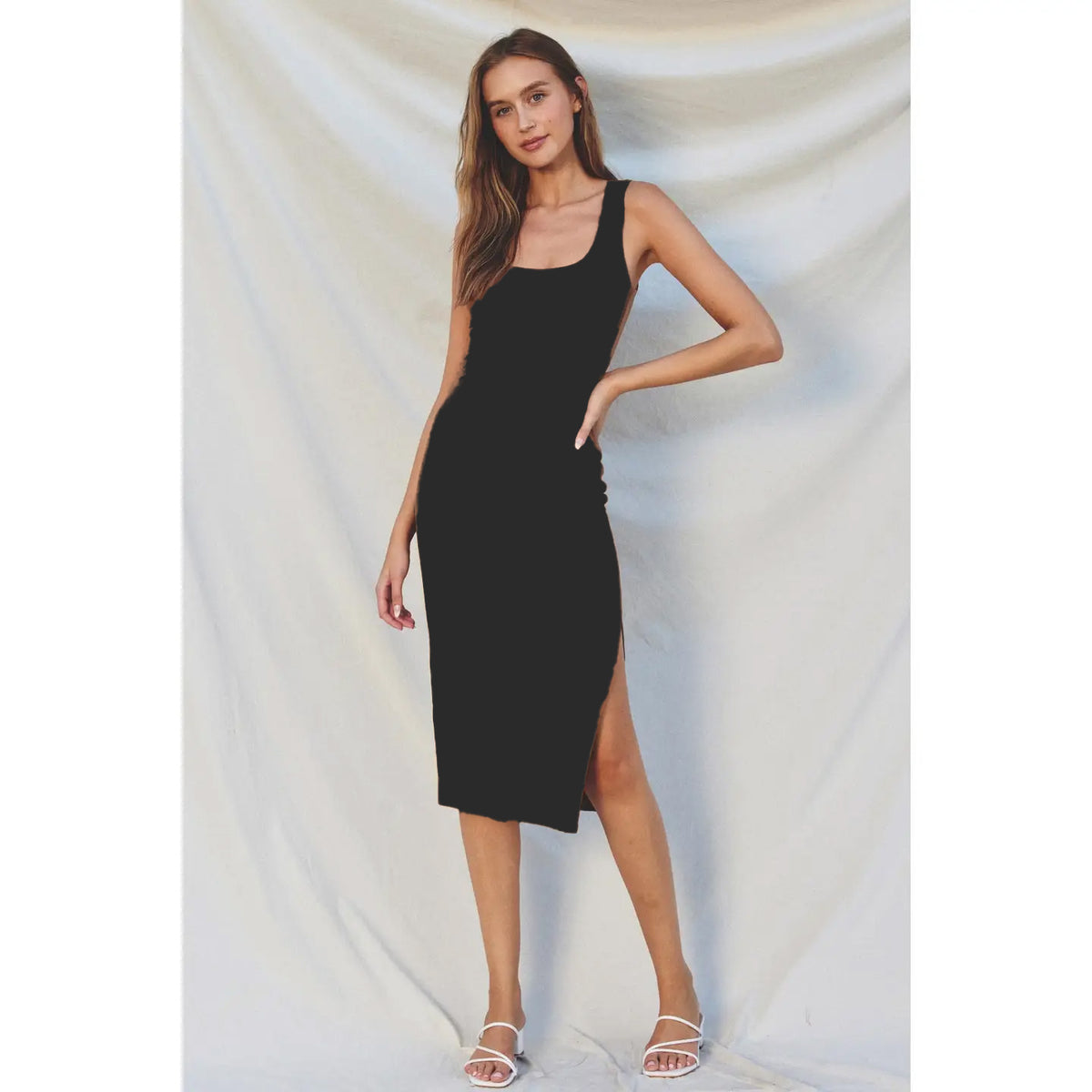 Square Neck Ribbed Knit Bodycon Midi Dress