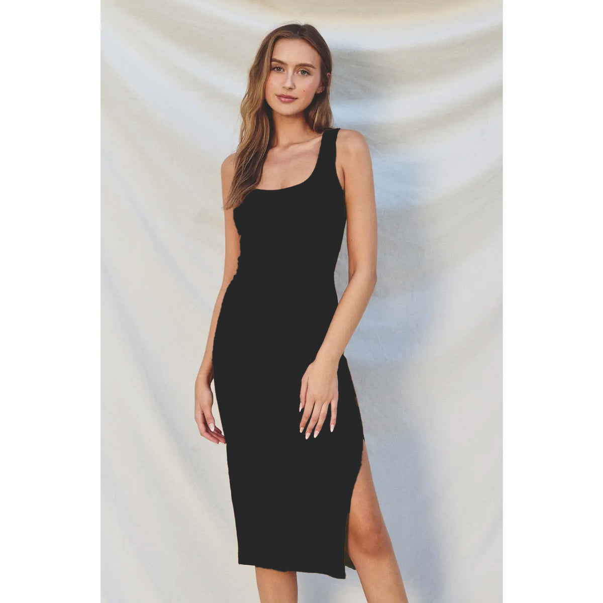 Square Neck Ribbed Knit Bodycon Midi Dress